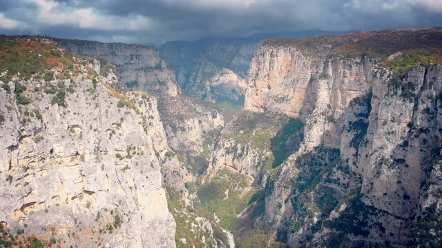Beautiful scenery, aerial lateral motion view on the famous Vikos Gorge in northern Greece