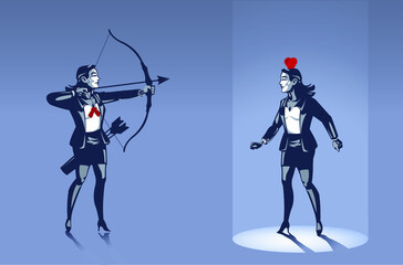 Business Woman Ready to Shoot an Apple on top of other Business woman's Head with Arrow