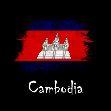National flag of Cambodia, abbreviated with kh; a realistic 3d image of the national symbol from an independent country painted on a black background with the countryname below