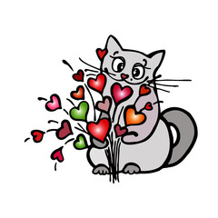 Cat with heart bouquet