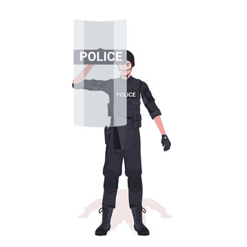 policeman in full tactical gear riot police officer with shield and protesters and demonstration riots mass control concept full length vector illustration