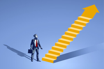 Businessman Stands in front of Imaginary Ladder Blue Collar Illustration Concept