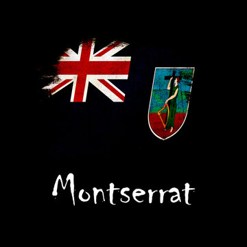 National flag of Montserrat, abbreviated with ms; a realistic 3d image of the national symbol from an independent country painted on a black background with the countryname below