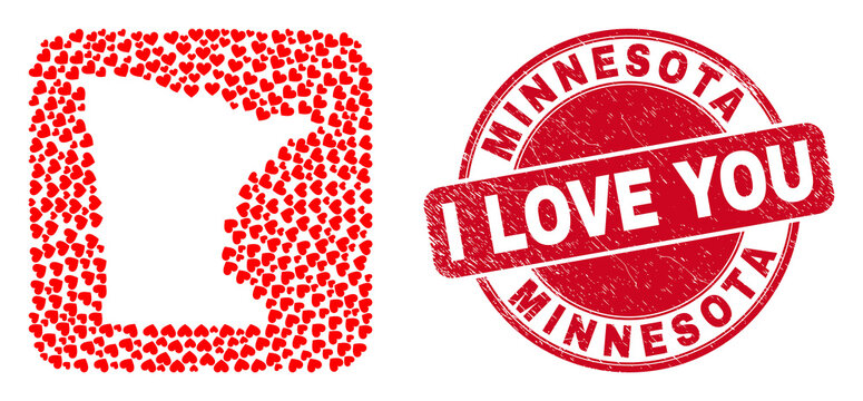Vector mosaic Minnesota State map of love heart elements and grunge love seal. Collage geographic Minnesota State map created as carved shape from rounded square shape with lovely hearts.