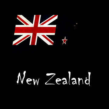National flag of New Zealand, abbreviated with nz; a realistic 3d image of the national symbol from an independent country painted on a black background with the countryname below