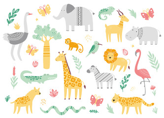 Fototapeta premium Set of cute african zoo animals giraffe, zebra, lion, bird, elephant, snake, lizard, cheetah, crocodile. Flat and simple design style for baby, children illustration.
