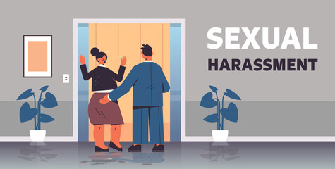 businessman molesting female employee sexual harassment at work concept lustful boss touching woman's butt office corridor interior horizontal full length vector illustration