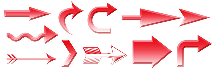 Bright red arrows of varying shapes on a white background