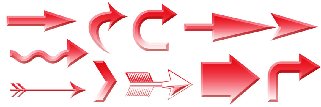 Bright red arrows of varying shapes on a white background