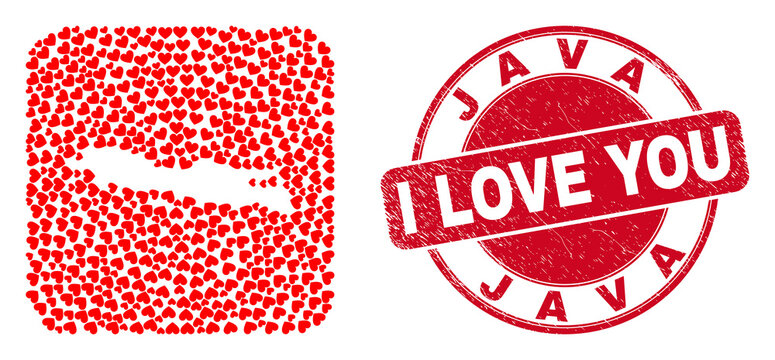 Vector mosaic Java Island map of valentine heart items and grunge love badge. Mosaic geographic Java Island map created as carved shape from rounded square with valentine hearts.