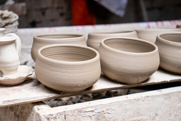 Ceramics on the elaboration process at a traditional factory at the small city of Raquira in Colombia