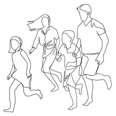Line drawing of a family running together