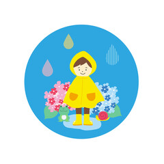 雨の日のデザインイラスト（カッパを着た男の子）