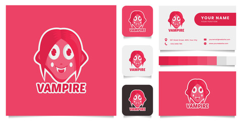 Smile vampire girl mascot logo, with business card, icon, and color palette
