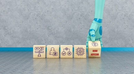 robot hand turning a cube with the text ROBO ADVISOR besides other cubes with technology icons in...
