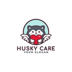Cute Siberian Husky Dog Hugging Heart Care Logo Mascot Baby Shop
