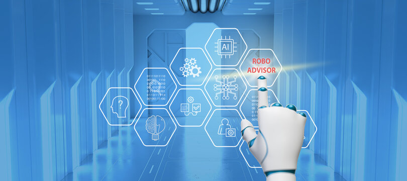 robot hand selecting a hexagon tile on an interface with the word ROBO ADVISOR in front of a futuristic background