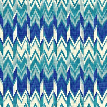Azure blue indigo chevron linen texture background. Seamless ikat textile effect. Weathered dye pattern. Coastal cottage beach home decor. Modern marine fashion zig zag wavy repeat cotton cloth.

