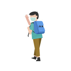 Kid back to school wear mask and bag in pandemic situation (coronavirus). Boy walking to school waving his hand, good bye.