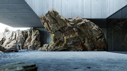 Cliff rock in abstract contemporary interior, architecture 3D Rendering