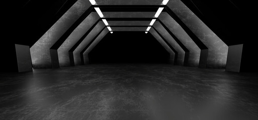 A dark corridor lit by white neon lights. Reflections on the floor and walls. 3d rendering image.