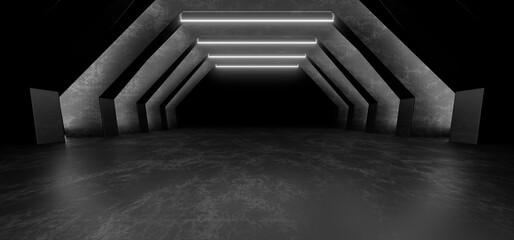 Obraz premium A dark corridor lit by white neon lights. Reflections on the floor and walls. 3d rendering image.