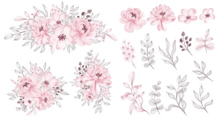 Obraz premium set of watercolor roses pink petal green leaf and wild flower valentine decorative