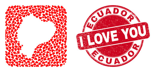 Vector mosaic Ecuador map of love heart elements and grunge love badge. Mosaic geographic Ecuador map designed as subtraction from rounded square with valentine hearts. © Evgeny