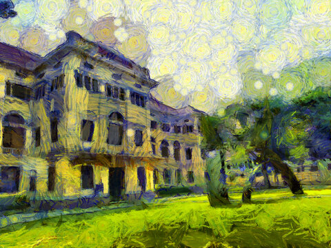 Landscape of ancient buildings in Bangkok Illustrations creates an impressionist style of painting.