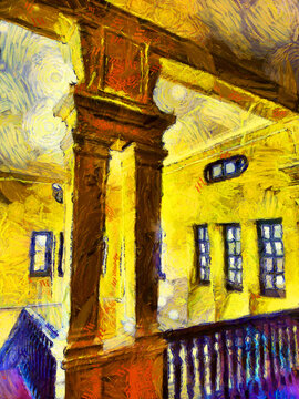 The interior landscape of an ancient building in Bangkok, illustrations create impressionist style paintings.
