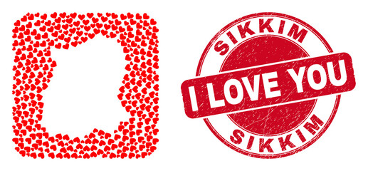 Vector collage Sikkim State map of love heart items and grunge love badge. Collage geographic Sikkim State map constructed as subtraction from rounded square using love hearts.