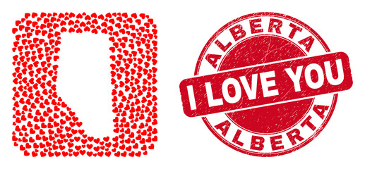 Vector mosaic Alberta Province map of lovely heart items and grunge love seal stamp. Mosaic geographic Alberta Province map designed as hole from rounded square shape with love hearts.