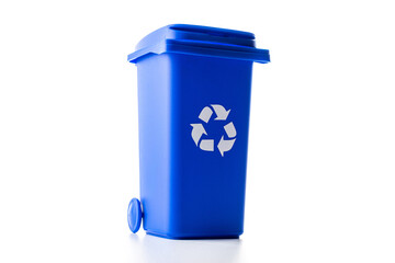 Trash bin. Blue dustbin for recycle paper trash isolated on white background. Container for...