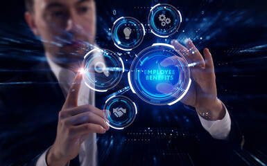 Business, Technology, Internet and network concept. Young businessman working on a virtual screen of the future and sees the inscription: Employee benefits
