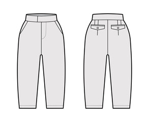 Short capri pants technical fashion illustration with knee length, normal waist, high rise, slashed pocket, extended waistband. Flat bottom template front, back grey color style. Women, men CAD mockup