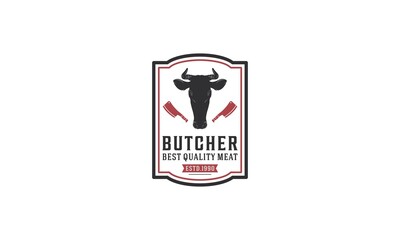 Vintage Hipster Meat Butcher shop label logo design in white background