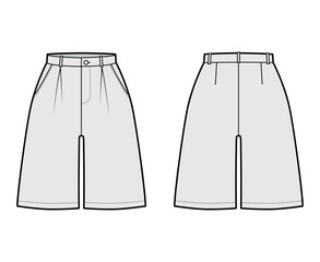 Short baggy Bermudas dress pants technical fashion illustration with above-the-knee length, single pleat, normal waist high rise. Flat bottom template front back grey color style. Women men CAD mockup