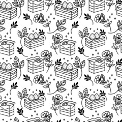 Hand drawn cake, bakery, and pastry seamless pattern with strawberry and floral leaf elements in black linear style and isolated white background for textile, fabric, paper, or gift wrapping