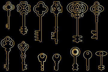 Retro collection with golden keys. Vintage vector illustration. Decorative symbol. Elegant decoration. Stock image. EPS 10.