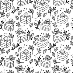 Hand drawn cake, bakery, and pastry seamless pattern with strawberry and floral leaf elements in black linear style and isolated white background for textile, fabric, paper, or gift wrapping