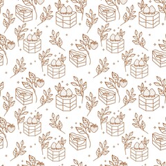 Hand drawn cake, bakery, and pastry seamless pattern with strawberry and floral leaf elements in vintage brown linear style and isolated white background for textile, fabric, paper, or gift wrapping