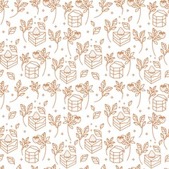 Hand drawn cake, bakery, and pastry seamless pattern with strawberry and floral leaf elements in vintage brown linear style and isolated white background for textile, fabric, paper, or gift wrapping