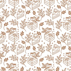 Hand drawn cake, bakery, and pastry seamless pattern with strawberry and floral leaf elements in vintage linear style and isolated white background for textile, fabric, paper, or gift wrapping