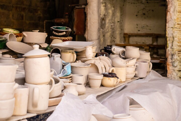 Ceramics on the elaboration process at a traditional factory at the small city of Raquira in Colombia