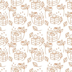Hand drawn cake, bakery, and pastry seamless pattern with strawberry and floral leaf elements in vintage brown linear style and isolated white background for textile, fabric, paper, or gift wrapping