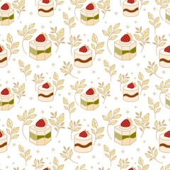 Hand drawn colorful cake, bakery, and pastry seamless pattern with strawberry and floral leaf elements in black linear style and isolated white background for textile, fabric, paper, or gift wrapping