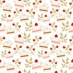 Hand drawn colorful cake, bakery, and pastry seamless pattern with strawberry and floral leaf elements in cute cartoon style and isolated white background for textile, fabric, paper, or gift wrapping