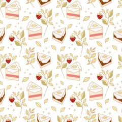 Hand drawn colorful cake, bakery, and pastry seamless pattern with strawberry and floral leaf elements in black linear style and isolated white background for textile, fabric, paper, or gift wrapping