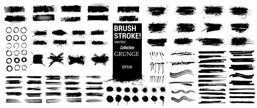 Ink stains, brush stroke and paint splashes in vector collection. Black artistic design elements, quote box, speech template, frames for text, labels, logo. Paintbrush grunge. Street art template set