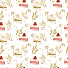 Hand drawn colorful cake, bakery, and pastry seamless pattern with strawberry and floral leaf elements in cute cartoon style and isolated white background for textile, fabric, paper, or gift wrapping